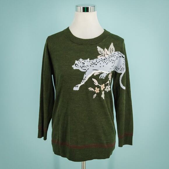 J. Crew Sweaters - J. Crew Size Medium M Green Tippi Intarsia Cheetah Print Merino Wool Sweater